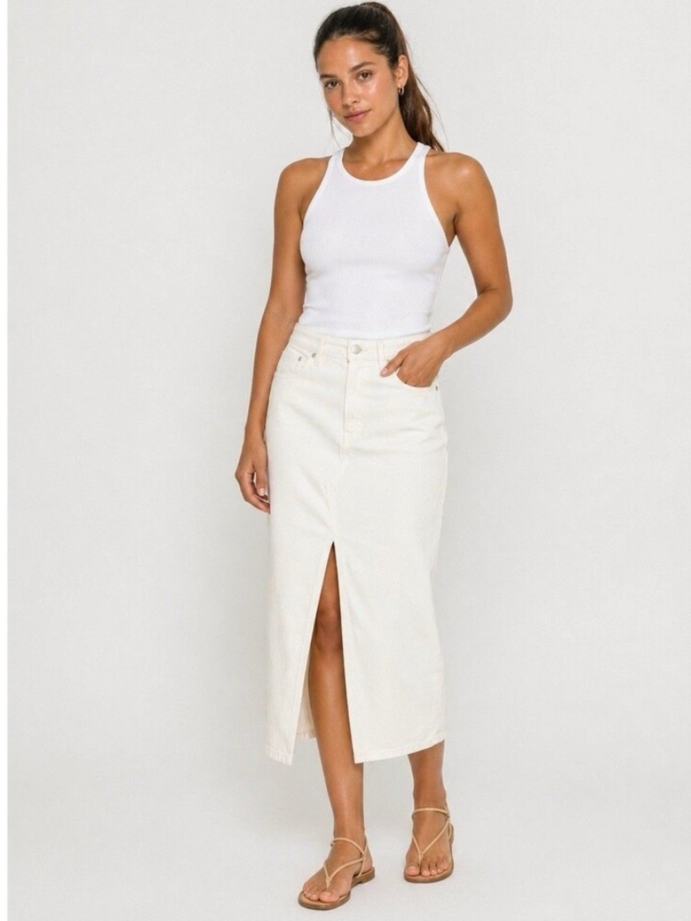 Good American Slit Front Denim Midi Skirt in Cloud White